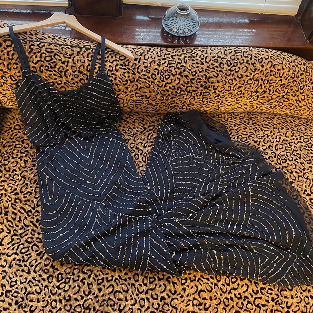 ART DECO BEADED BLOUSON GOWN IN NAVY by Adrianna Papell size 2